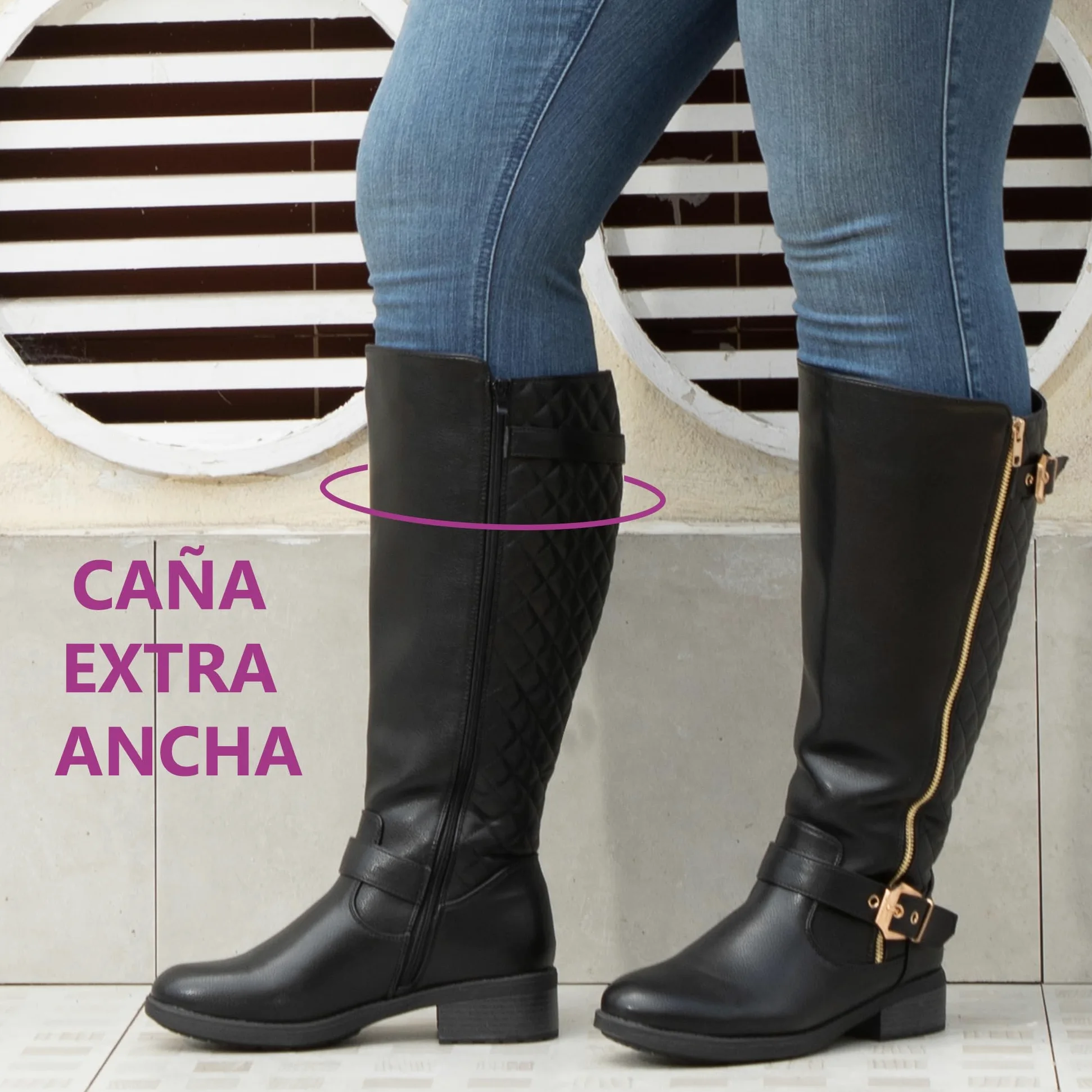 Botas de montar hasta la rodilla extra anchas para mujer, estilo retro, con doble hebilla, estilo chic, para otoño