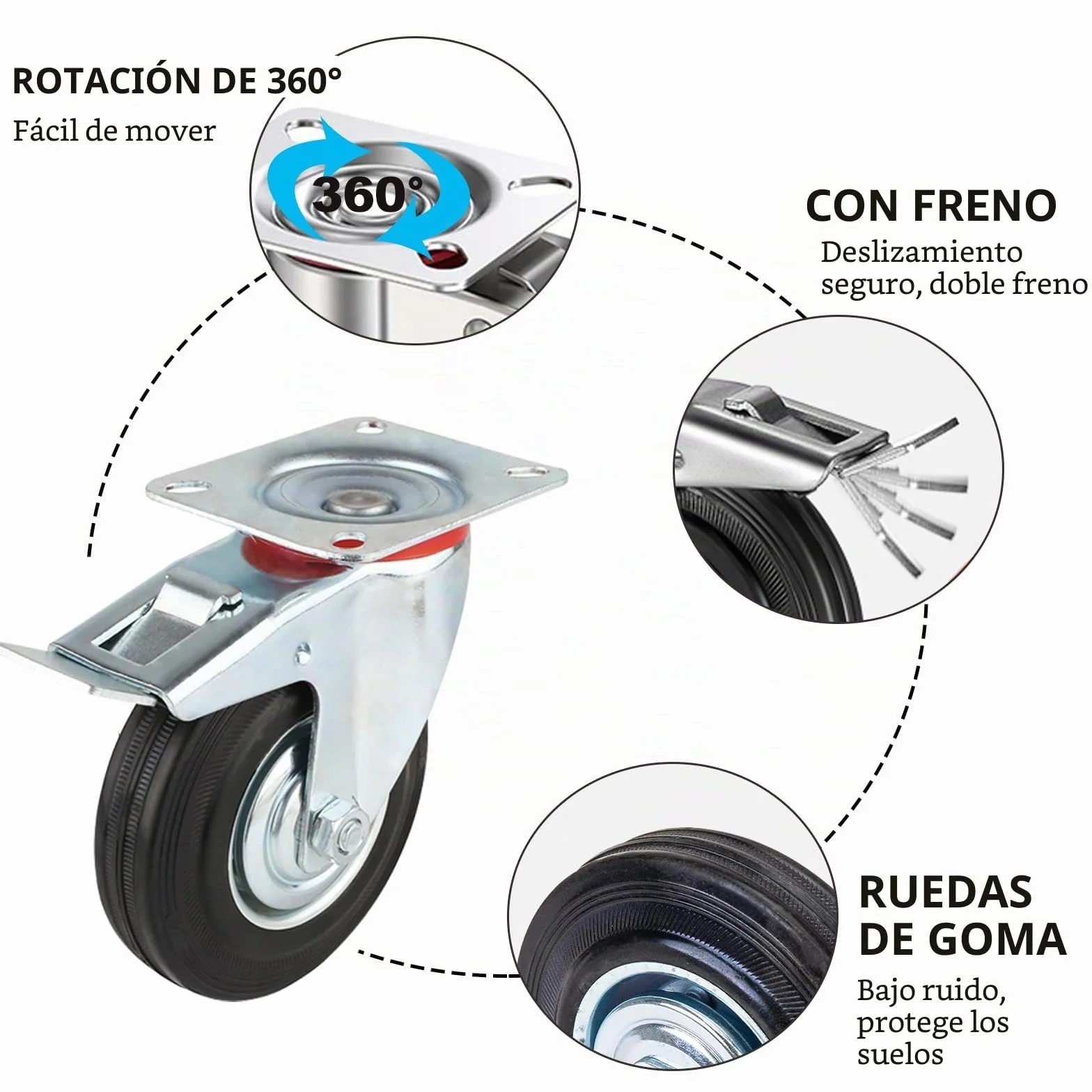 Ruedas para cargas pesadas 125 mm con freno 4 ruedas de transporte 400 kg giratorias 360° goma