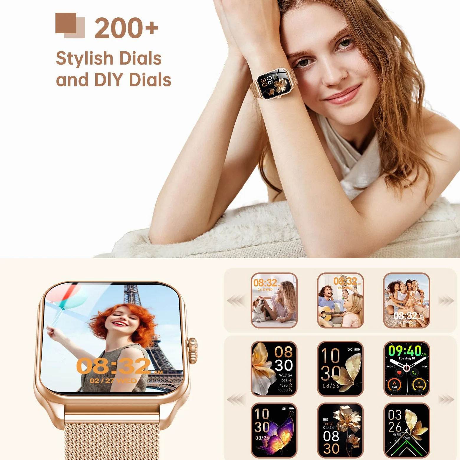 Reloj Inteligente Mujer, 1.91" Smartwatch Mujer Pulgadas con Llamadas, IP68 Impermeable, 120+ Modos Deportivos con HD Pantalla Táctil, Podómetro, Monitor de Sueño, para Android iOS