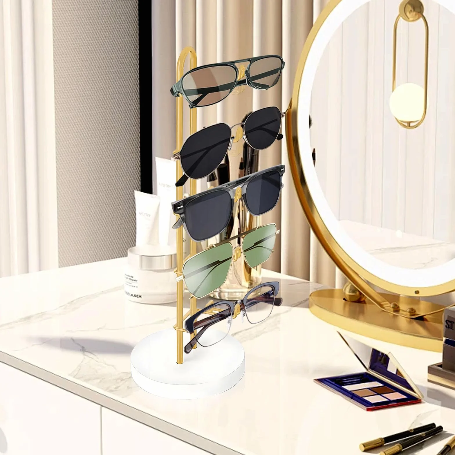 Soporte para Gafas de Sol Expositor Organizador Elegante de Metal con Base de Madera para 5 Pares