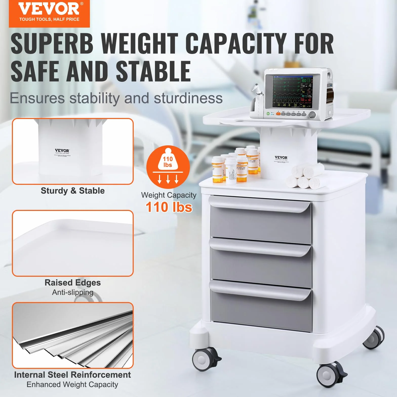 VEVOR Carro Médico 4 Niveles con 3 Cajones, Bandeja Superior, Ruedas Silenciosas, ABS, Blanco