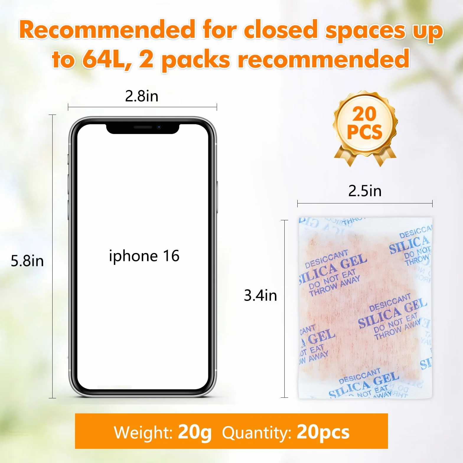 Gigmeta 20 g x 20 Pcs Bolsas de Gel de Sílice Deshumidificadoras con Indicador Naranja/Verde