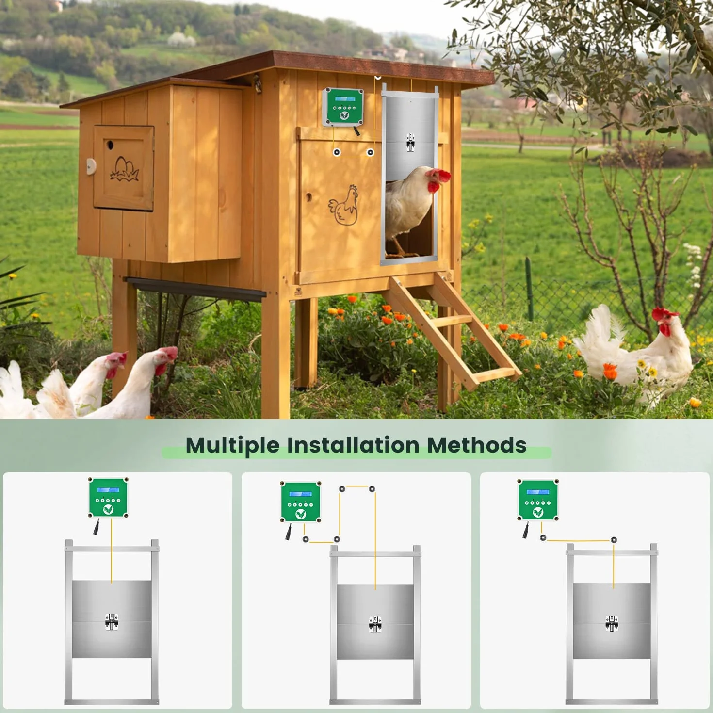 Abrepuertas Automático Gallinero IP65 Impermeable 2 Mandos Temporizador Sistema Elevación Puerta Batería Solar