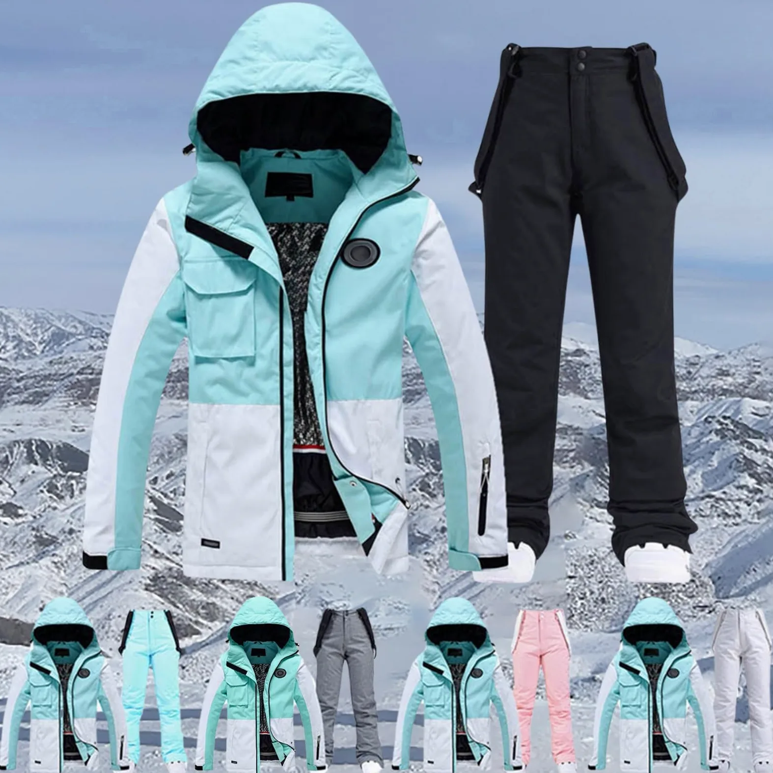 Generisch Chaqueta de esquí y pantalones de esquí para mujer, juego de 2 piezas, traje de nieve, impermeable, cálido, chaqueta de invierno con capucha, traje de esquí para esquiar, snowboard, chaqueta
