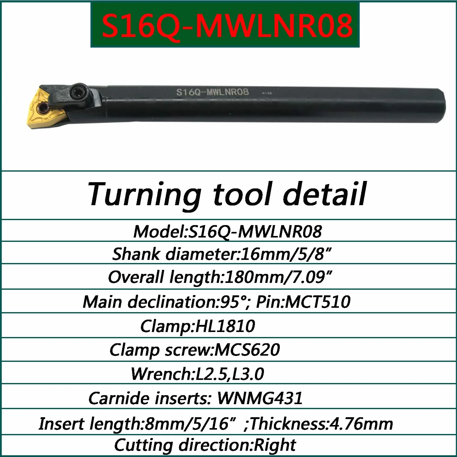 Soporte para herramientas torneado carburo indexable MWLNR1616H08 + barra mandrinar S16Q-MWLNR08 + insertos WNMG431 (WNMG080404)