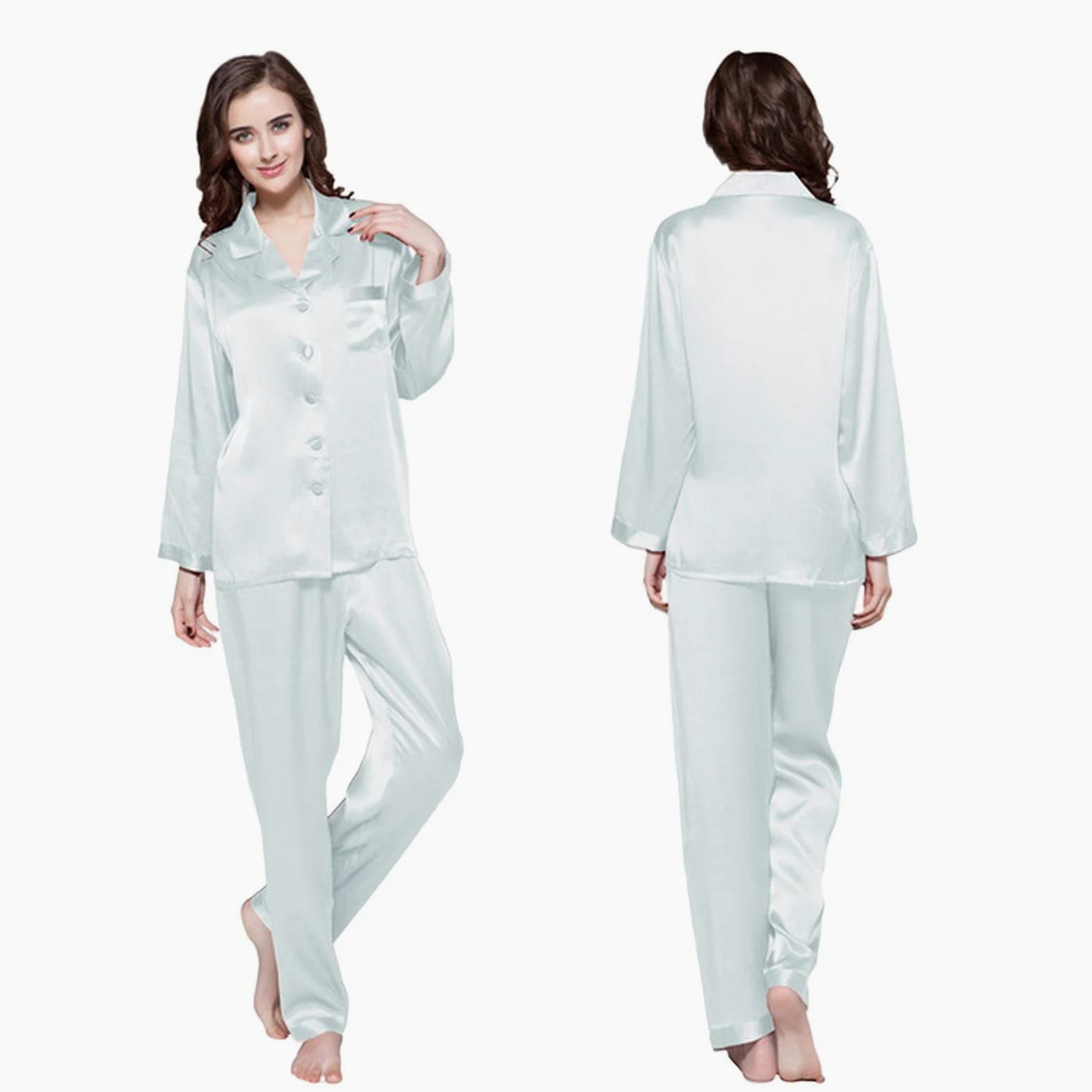 MOGSA Conjunto de pijama de seda para mujer, 2 piezas, con botones delanteros, pantalones para el hogar, trajes para mujer