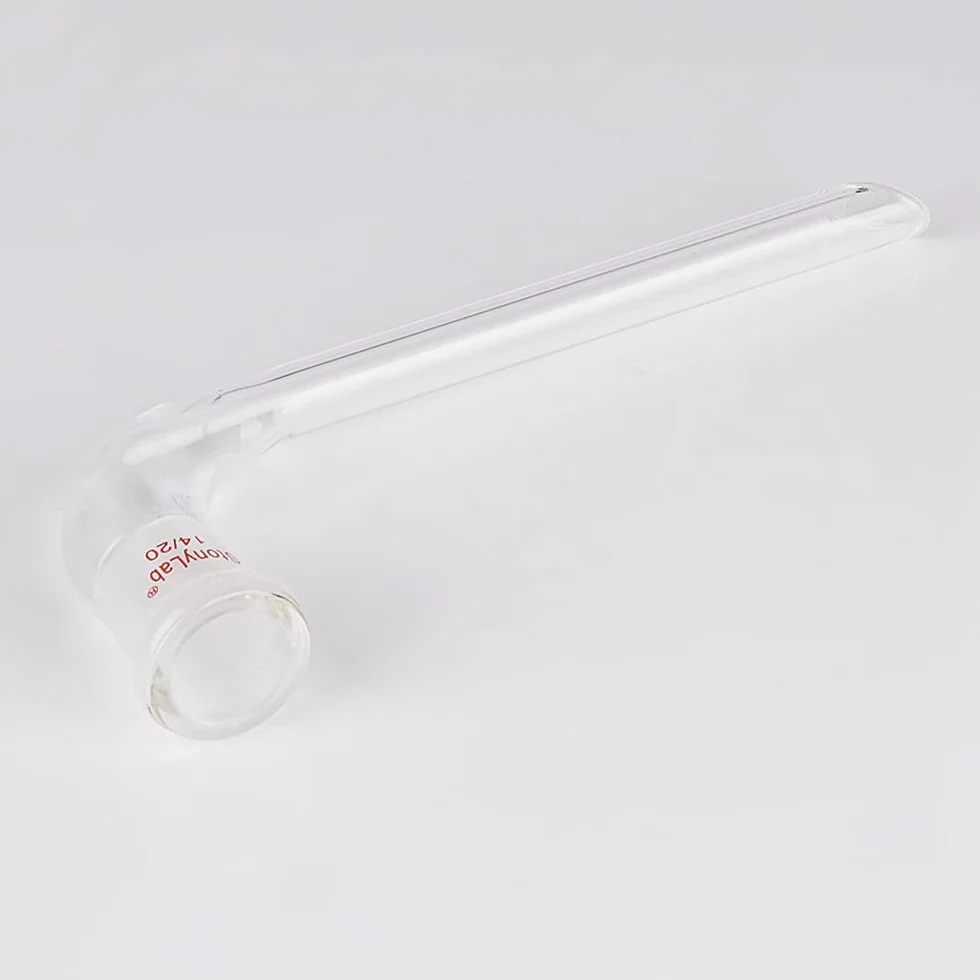 Adaptador de Destilación en Ángulo de 105 Grados, Vidrio de Borosilicato con Junta 14/20 y Tubo de Goteo de 100mm