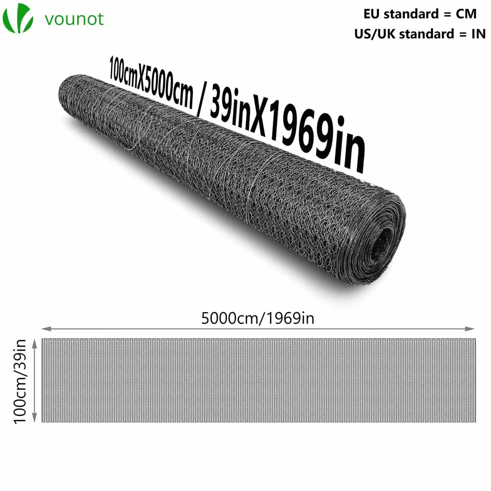 VOUNOT® Red Alambre Hexagonal Rollo Malla Metálica 13mm 100cm x 50m Revestimiento PVC Gris