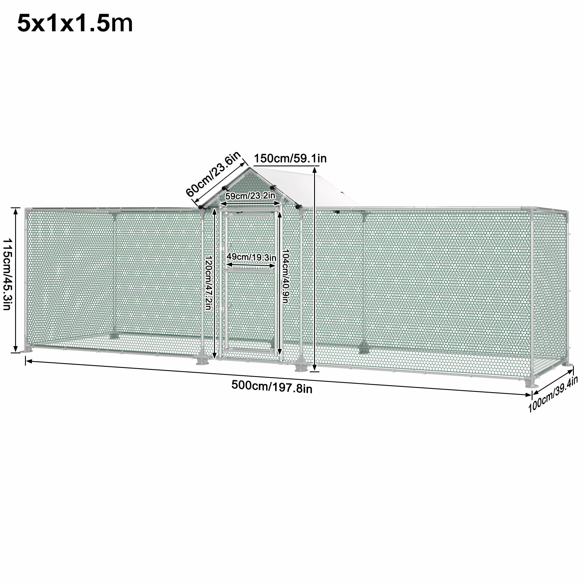 FIVMEN Recinto para gallinas de metal 5 x 1 m con protección solar techo puerta y cerrojo