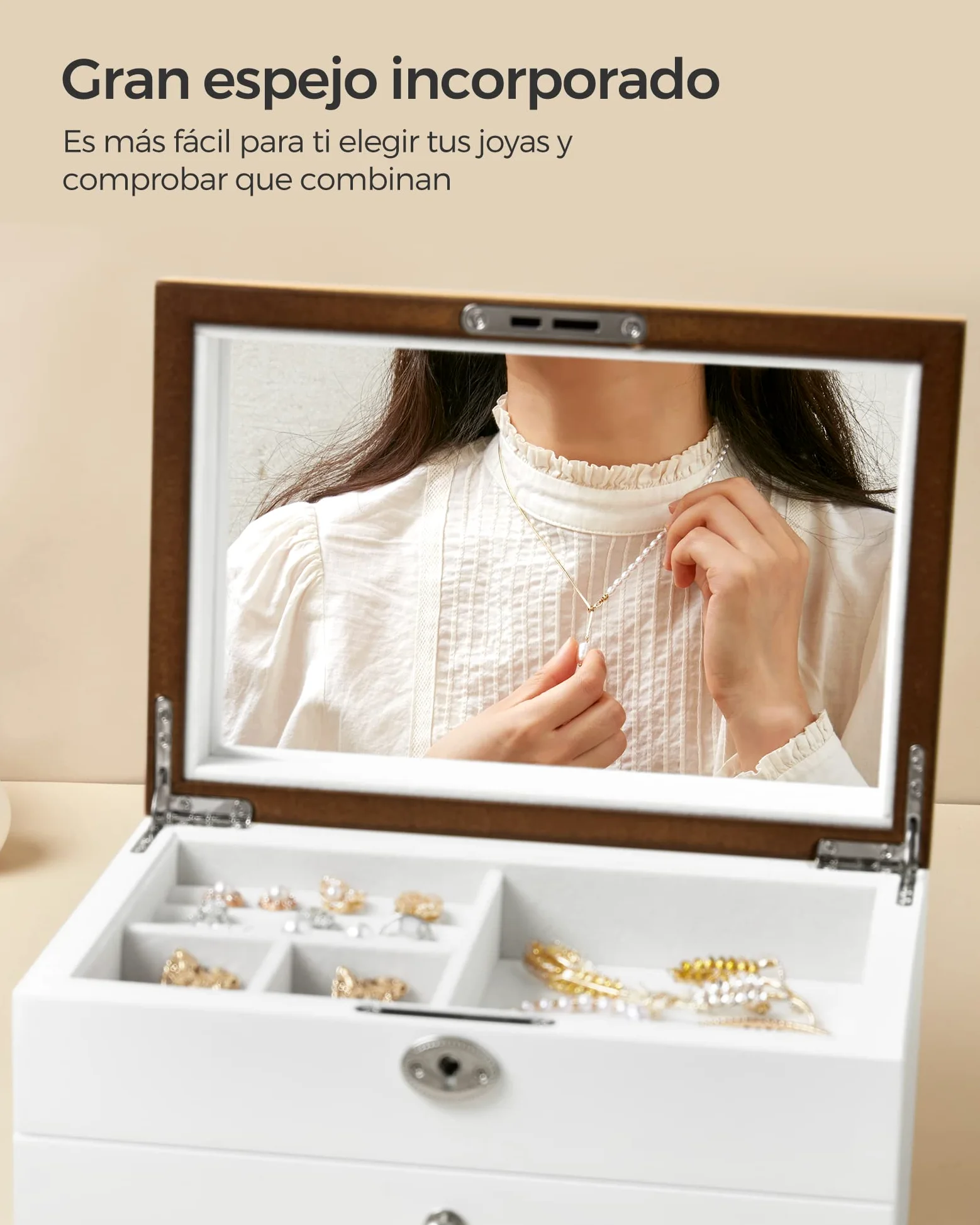 SONGMICS Caja Joyero, Caja de Joyas de 3 Niveles con Espejo Grande, 2 Cajones, Cerradura, Regalo para Seres Queridos, para Anillos, Pendientes, Pulseras, Collares, Blanco y Grano de Madera JOW15WN