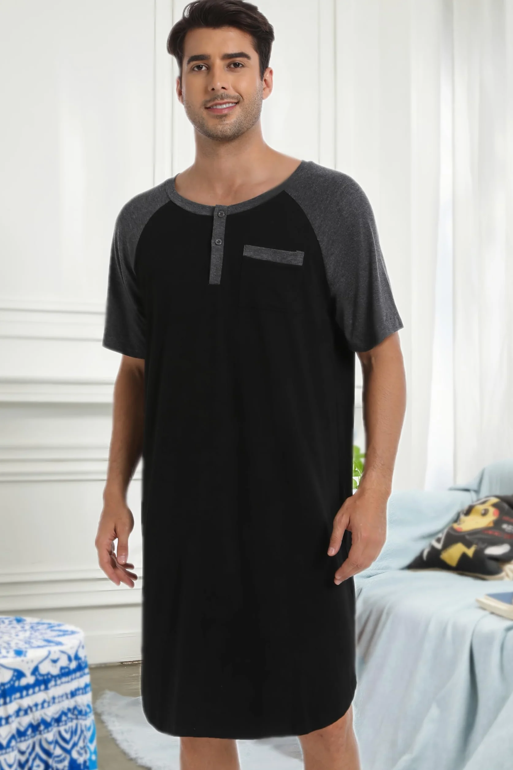 Enjoyoself Camisón Hombre Dormir Camisetas de Pijama Algodón Larga Suave Transpirable Camisa de Noche de Manga Corta Camison Hospital Ropa de Dormir para Descansar