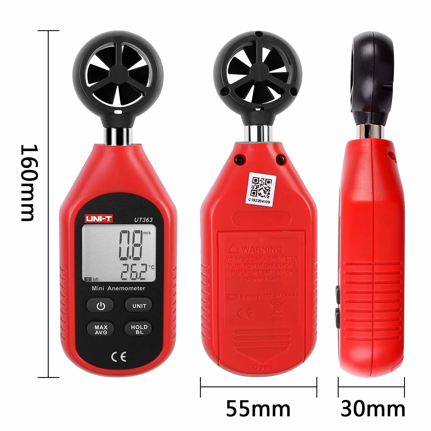 UNI-T UT363 Anemómetro Digital Portátil Pantalla LCD Medidor Velocidad Viento Aire