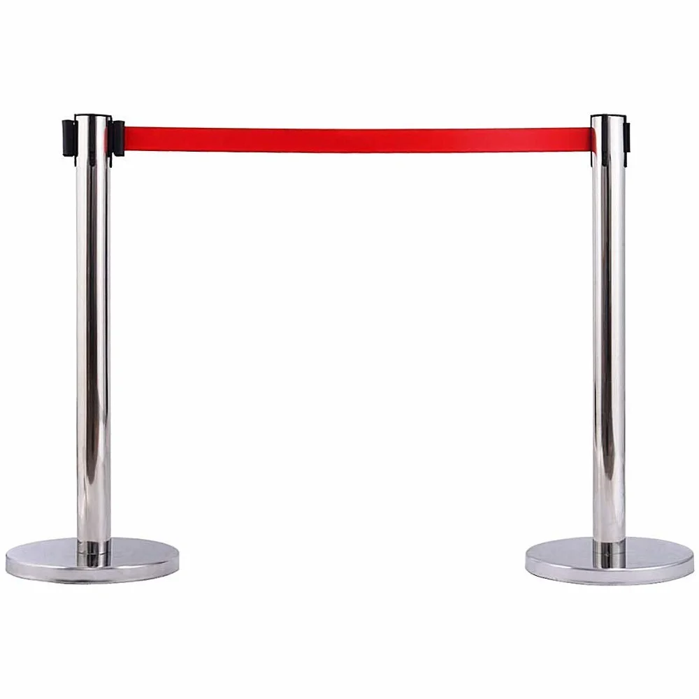 Barreras retráctiles para control de multitudes, 2 unidades, postes de seguridad plateados, cinturón de 2 m, base estable