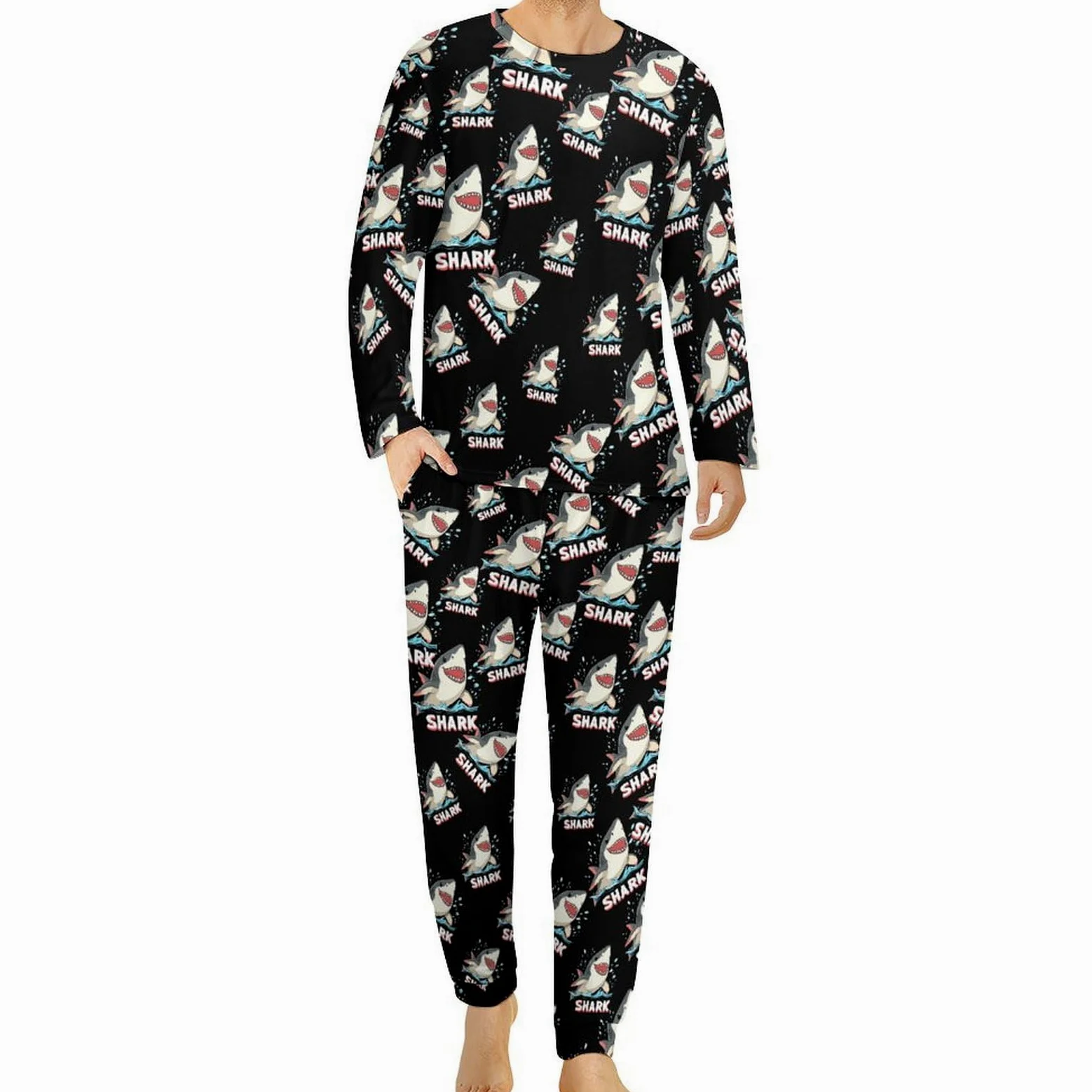 Shark - Conjunto de pijama para hombre, cuello redondo, ropa de dormir larga, 2 piezas