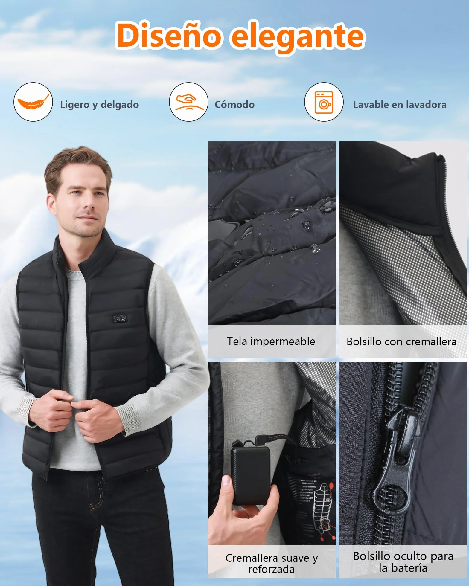 Chaleco Calefactable Hombre con Batería De 10000 mAh, 3 Temperaturas, 5 Zonas de Calentamiento, Chaqueta Calefactable con Carga USB, para Esquí, Motociclismo, Senderismo y Pesca