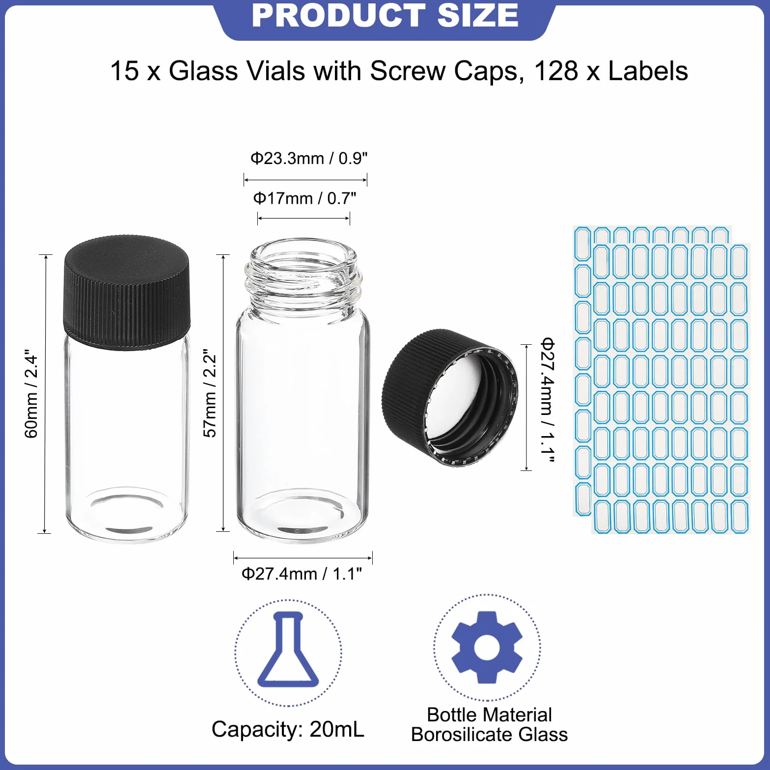 PATIKIL 20ml Viales de Vidrio Transparente, Pack de 15 con Tapón de Rosca a Prueba de Fugas para Laboratorio