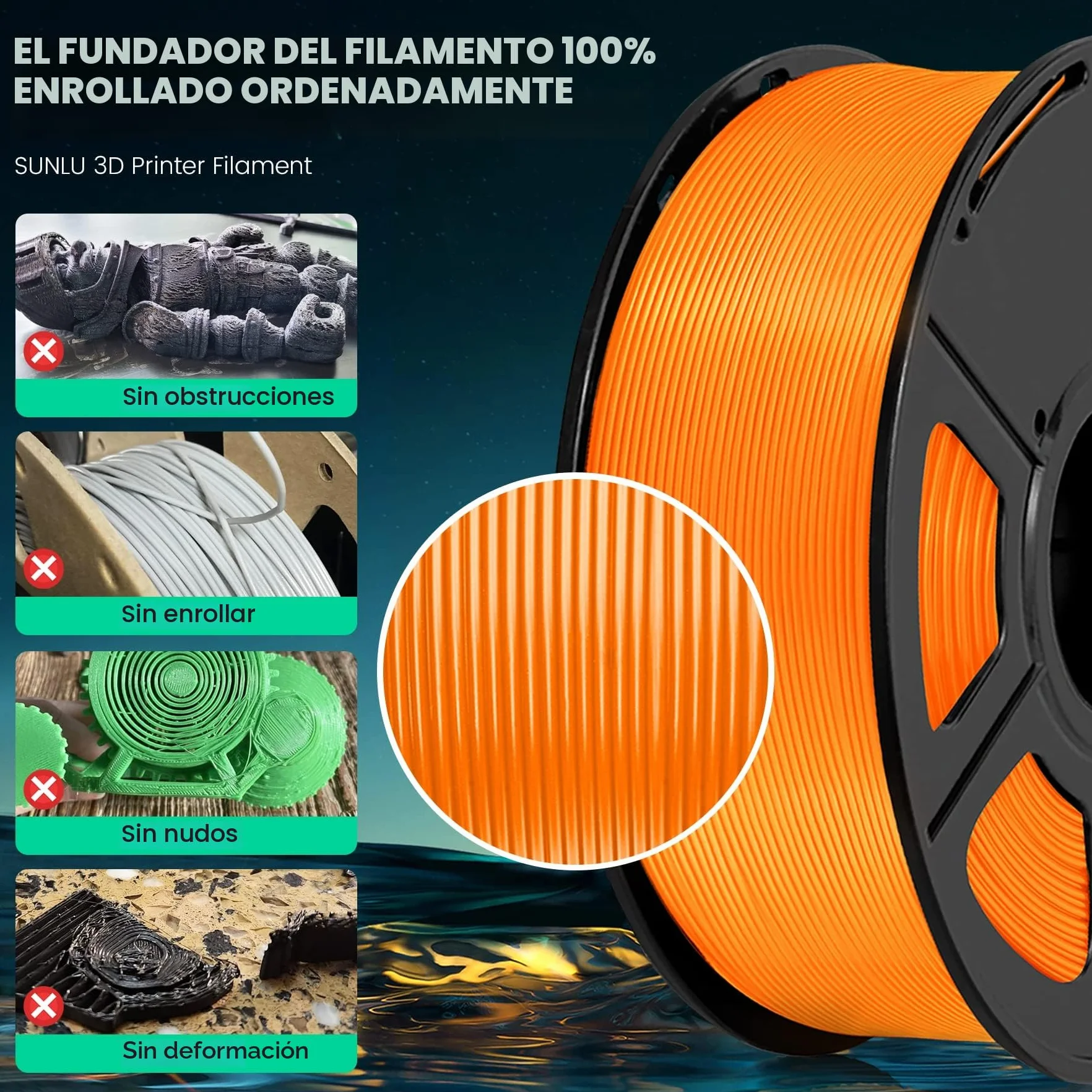 SUNLU PLA+ Filamento 1.75mm Negro 1KG para Impresoras 3D FDM
