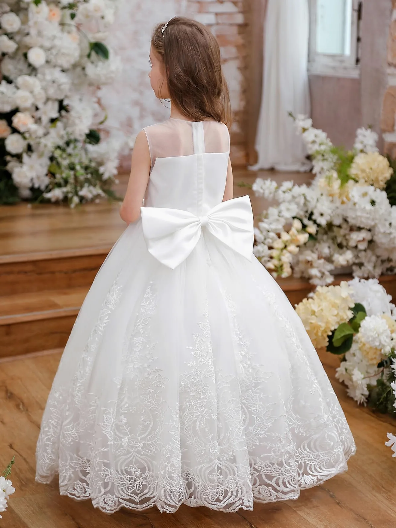 Aibaowedding Vestido de niña de flores bordado de tul de encaje vestido de fiesta de dama de honor cumpleaños fiesta comunión arco formal vestido de princesa