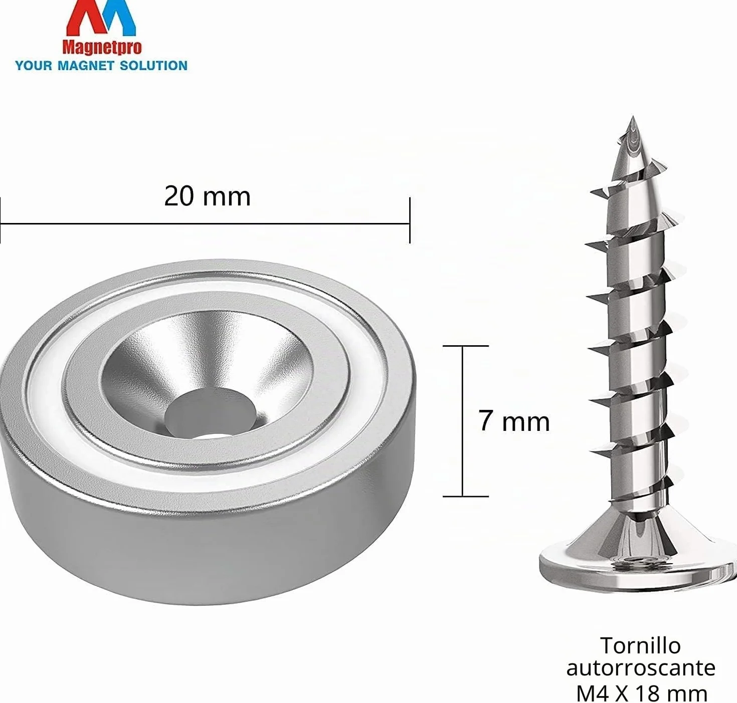 Magnetpro Imanes Neodimio 10 kg Fuerza 20 x 7 mm con Orificio y Cápsula Avellanado