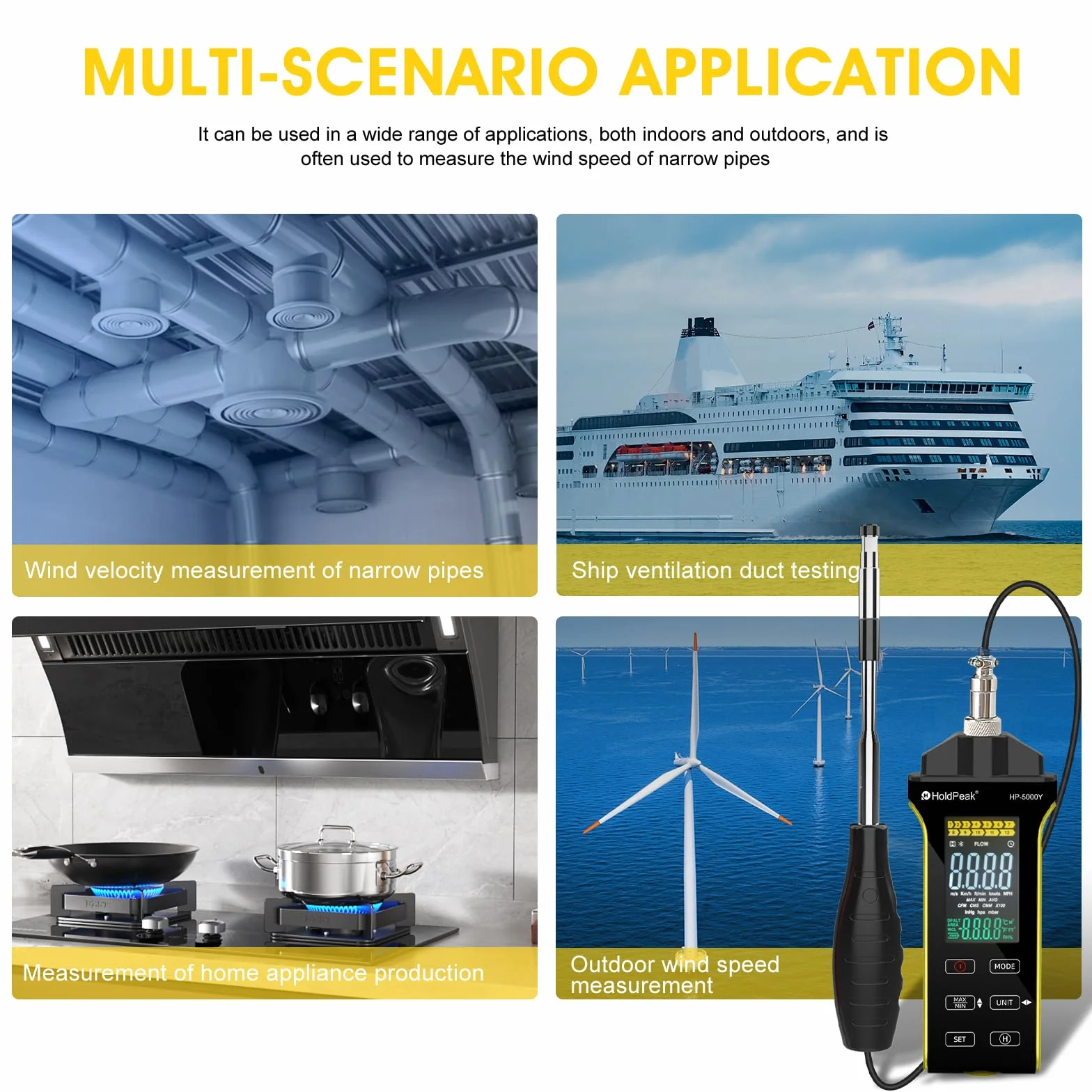 HOLDPEAK Anemómetro digital de alambre caliente CFM CMM medición temperatura sonda telescópica pantalla iluminada USB