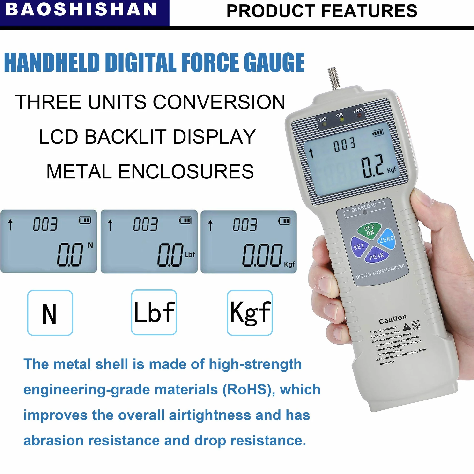 BAOSHISHAN Medidor de Fuerza Digital Dinamómetro Electrónico 500N USB