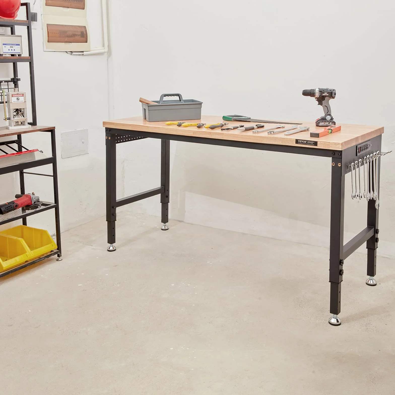 VEVOR Banco de Trabajo Altura Ajustable 80-105 cm 155x51 cm Tablón de Roble Marco de Acero 720 kg