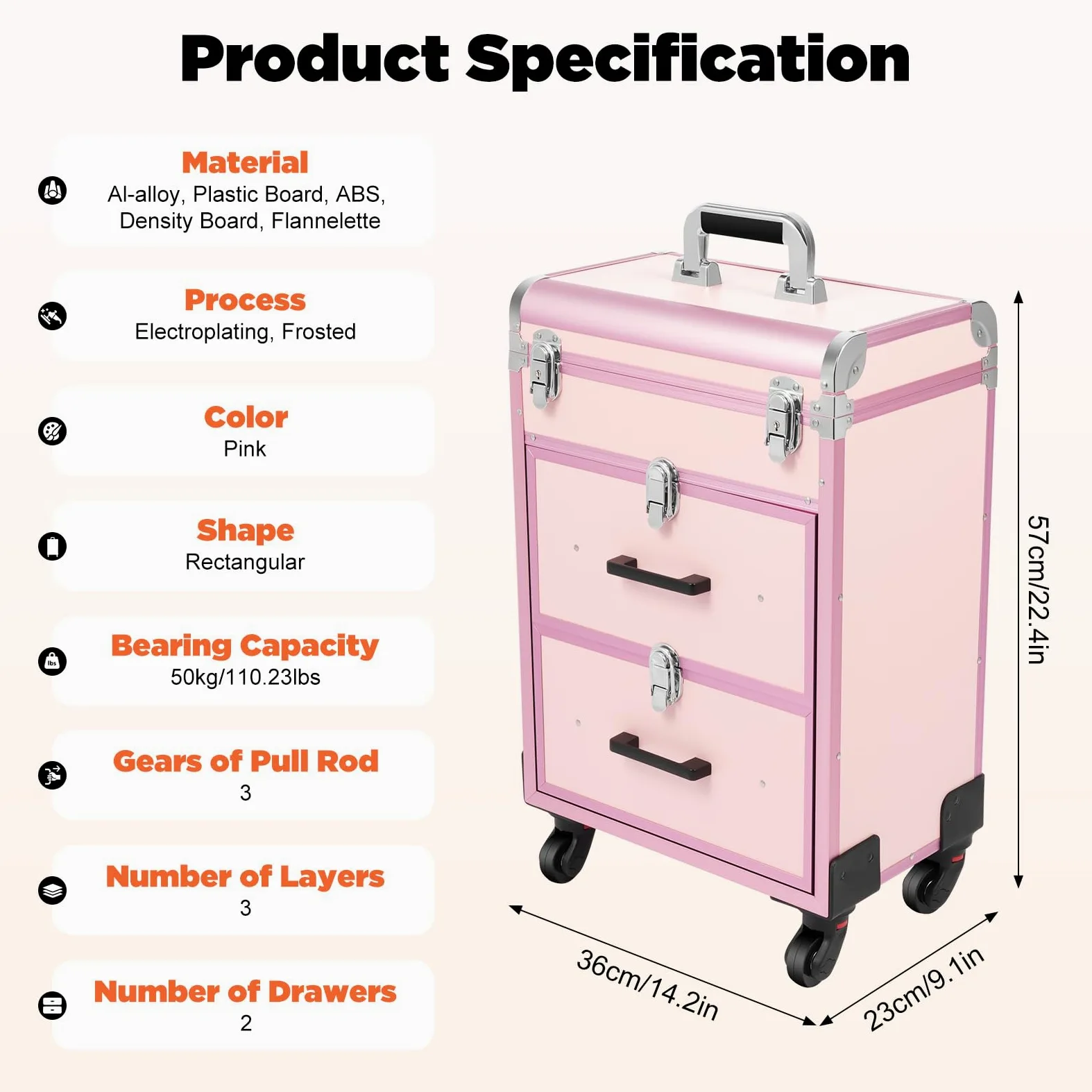 Maletín de maquillaje con ruedas con 50 compartimentos, maletín de maquillaje con 2 cajones y bolsa extraíble, de aluminio, con cerradura, capacidad de carga de 50 kg, color rosa