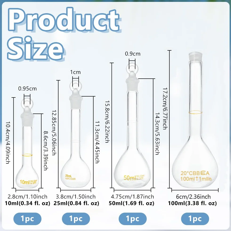 OLYCRAFT Lote de 4 frascos aforados 10 ml 25 ml 50 ml 100 ml con tapón de cristal vidrio laboratorio