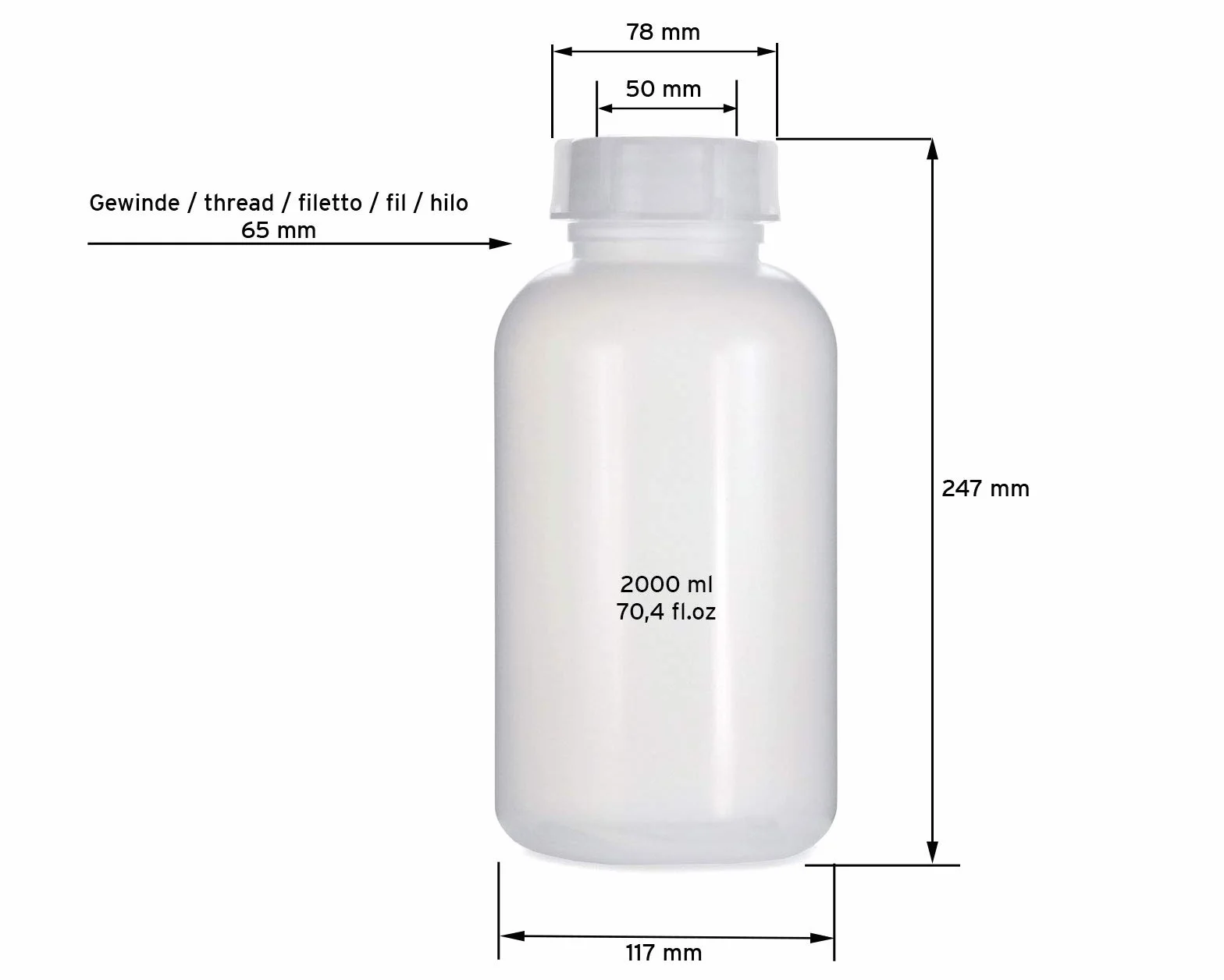 Botellas LDPE 2000 ml con Rosca Kalien Transparente para Laboratorio