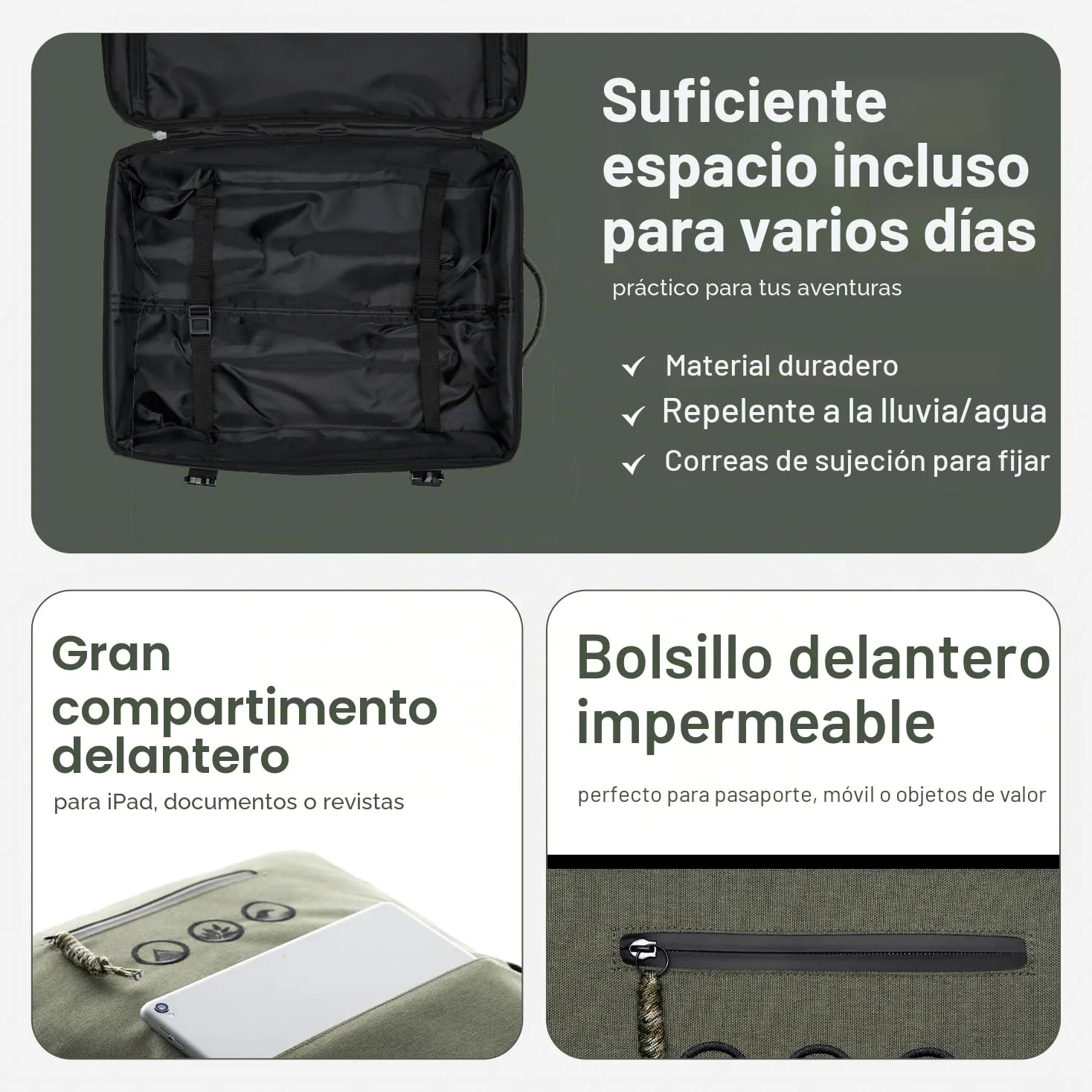 Mochila para mochileros con ruedas 3 en 1 – Maleta de mano Kane Hybrid Backpack-Boardgepäck con ruedas, 55 x 40 x 20 cm - impermeable reciclado PET, verde oliva, small, Carrito para tabla