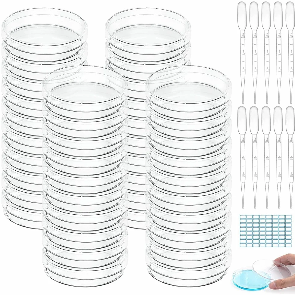 Placas de Petri de Plástico Estériles 55 mm x 13 mm con Goteros y Adhesivo para Laboratorio