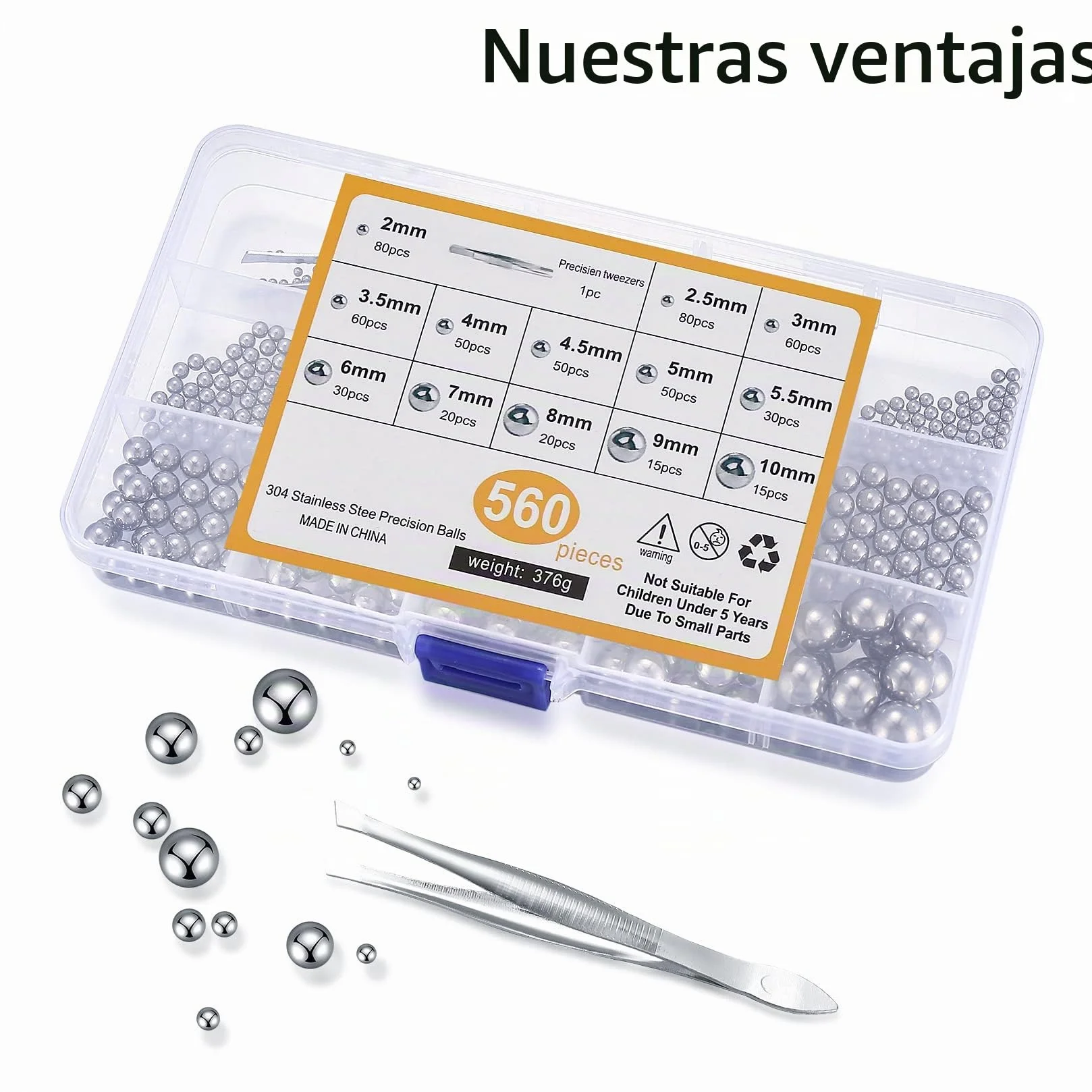 Bolas de Rodamiento de Acero Inoxidable 560 Pcs, Bola de Precisión Metálica 2-10 mm para Ruedas de Bicicleta y Rodamientos de Patineta