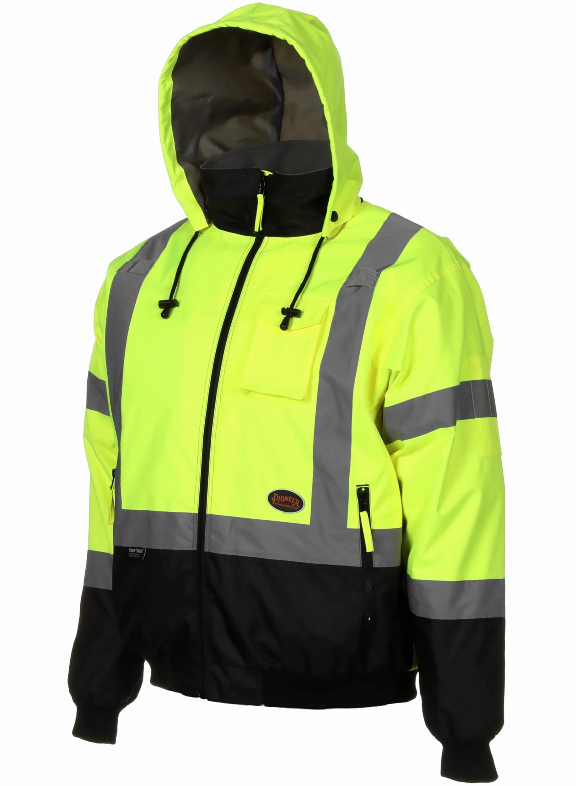 Pioneer - Chaqueta bomber de seguridad de alta visibilidad para lluvia, impermeable, reflectante, capucha desmontable, para hombres, amarillo/negro, V1130460U