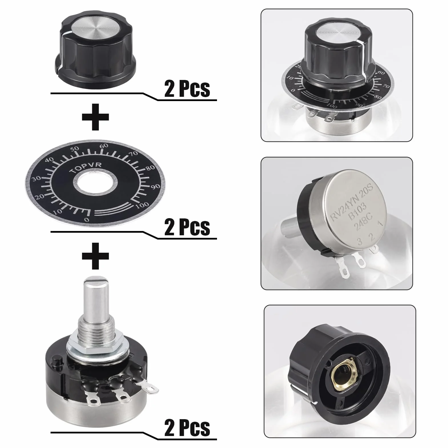 RV24YN20S 10K Ohm Potenciómetro Rotativo Cónico B103 Potenciometro de Película de Carbono de Giro Único 10K Ohmios Potenciometros Rotatorio Single Turn con Perilla A03 y Dial