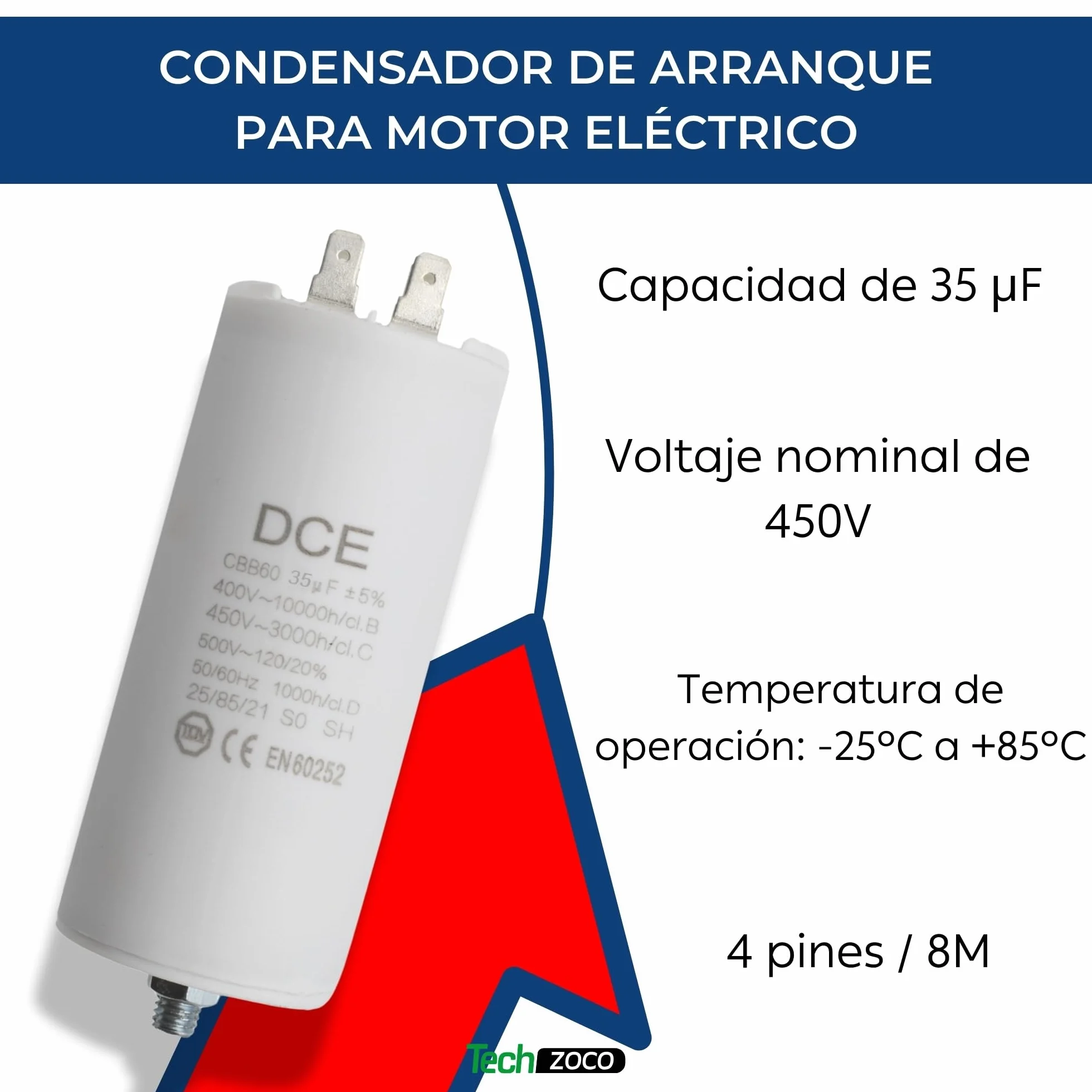 TECHZOCO Condensador de arranque 35.0 µF 450V 4 pines M8 para motor eléctrico bomba piscina