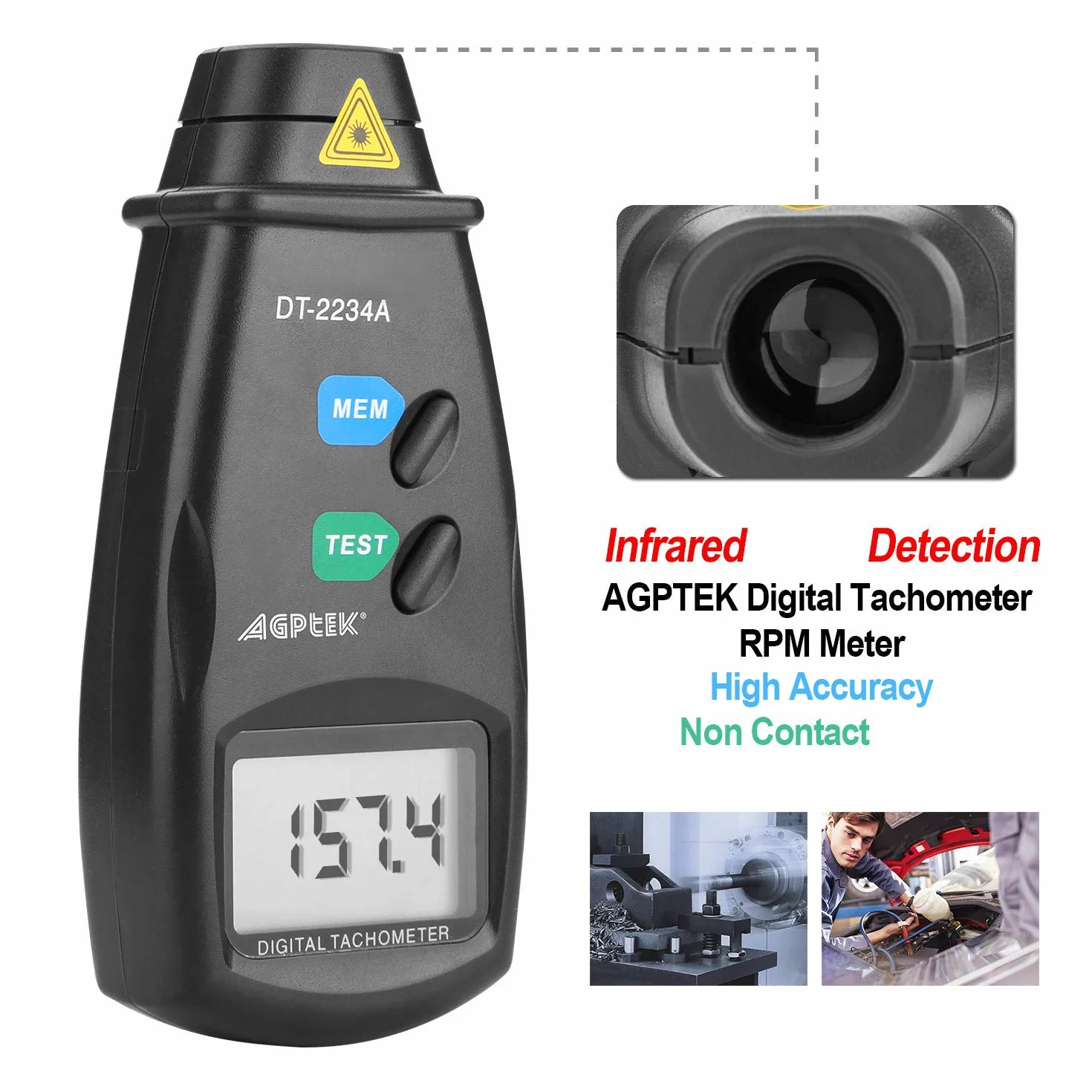 FITNATE 20713A Tacómetro Digital RPM, Medidor de Velocidad sin Contacto, 2,5~99 999 RPM con Baterías y Cinta Reflectante