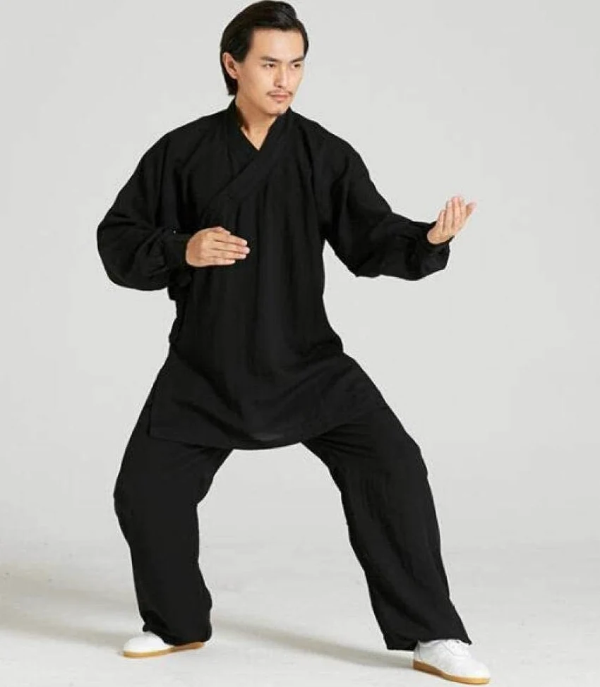 Uniformes De Tai Chi Ropa De Kung Fu De Lino para Hombre Ropa Unisex De Manga Larga para Artes Marciales Uniforme De Taekwondo,Black-XXXL
