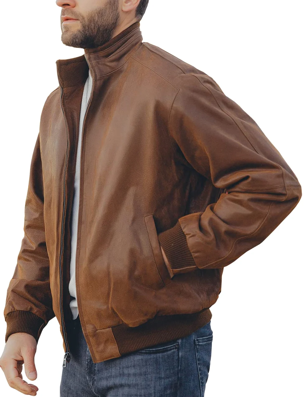 FLAVOR Chaqueta Bomber de Cuero Genuino para Hombre Chaqueta Casual