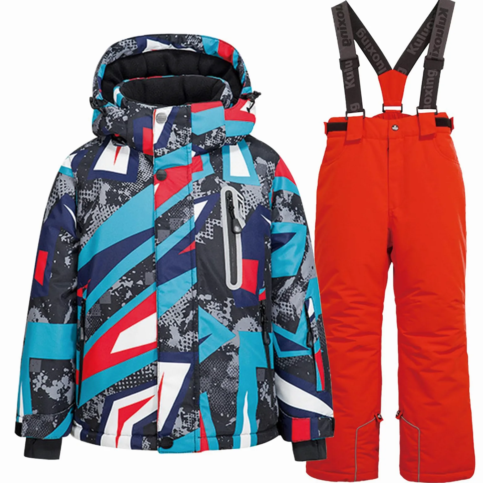 Conjunto de traje de esquí infantil de 2 piezas con capucha, traje de nieve impermeable a prueba de viento para niños y niñas, chaqueta de esquí cálida y pantalones de esquí, geométricos +