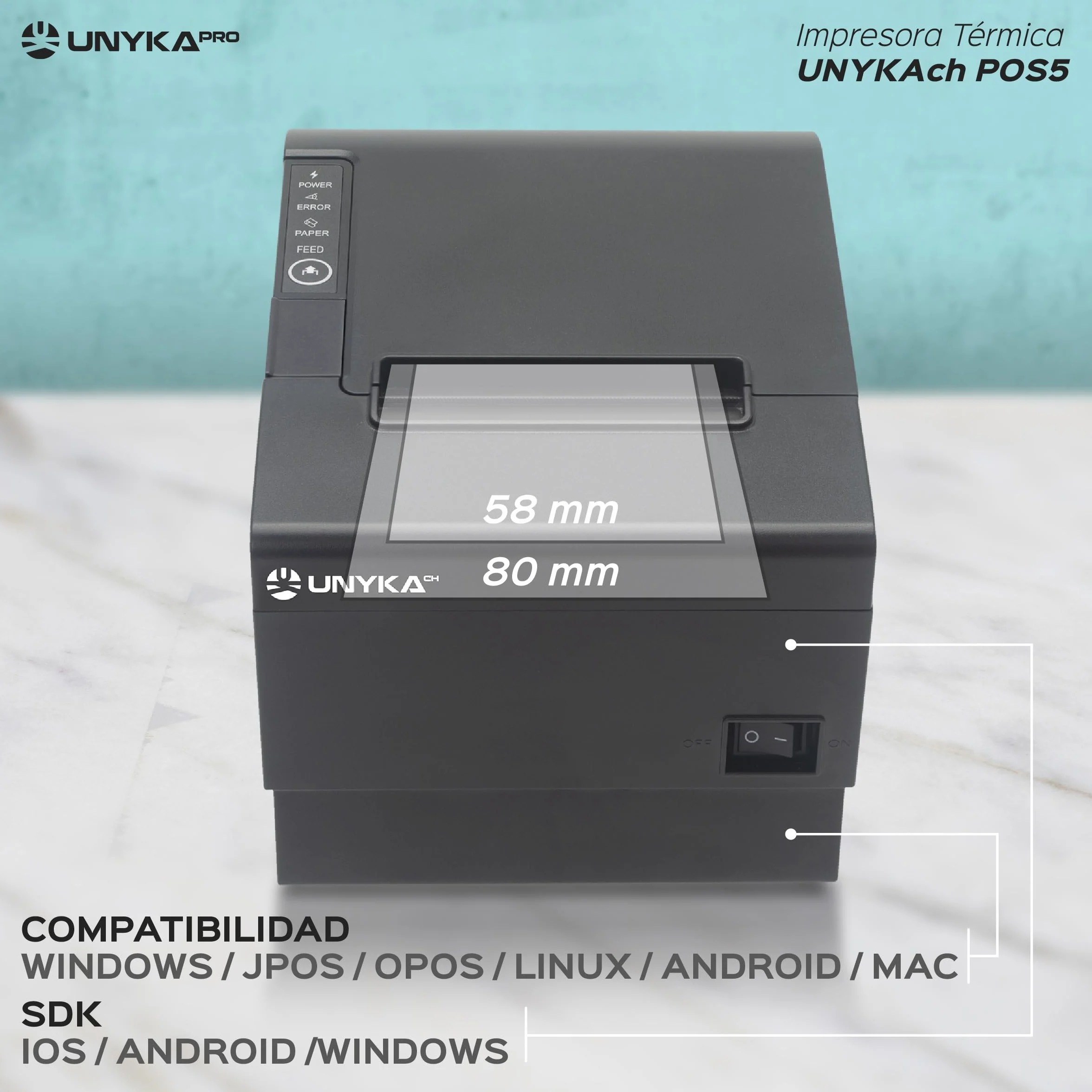 Unykach Impresora Térmica de Tickets POS5 con Corte Automático, USB, RJ12, RJ11, LAN, Compatible Windows, JPOS, OPOS, Linux, Android, Mac