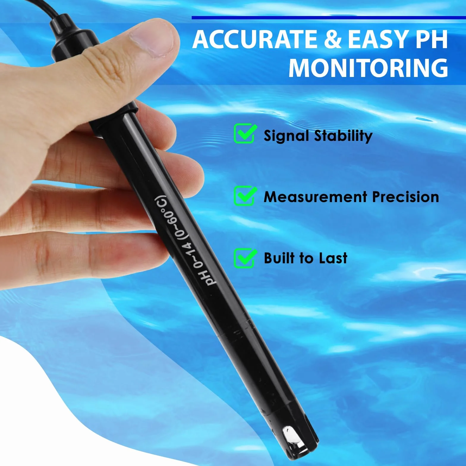 Electrodo de pH con sonda intercambiable, cable 300 cm, rango 0-14 pH, conector BNC, polvo calibración