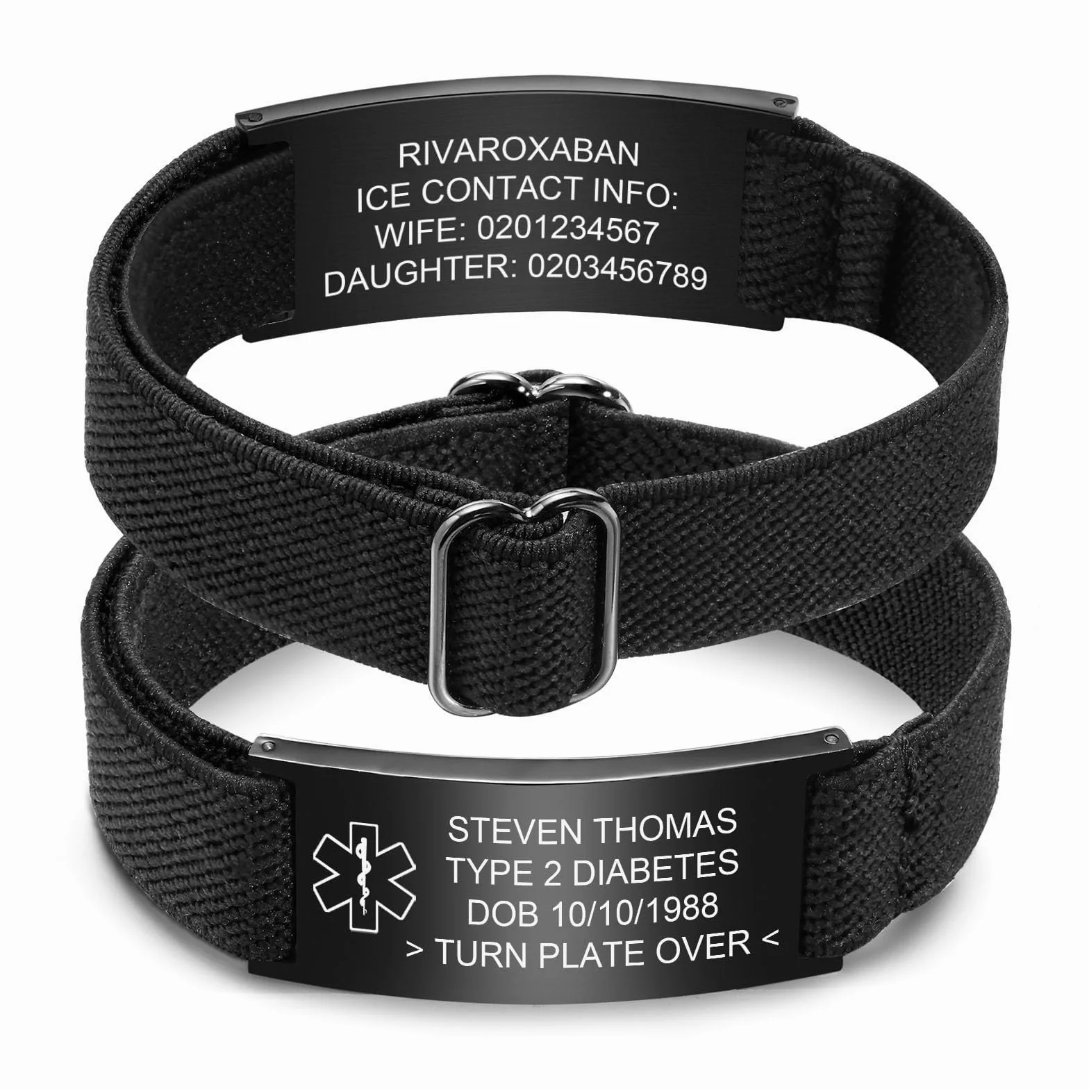 Pulsera de alerta médica personalizada de acero inoxidable grabada con correa elástica para diabetes epilepsia