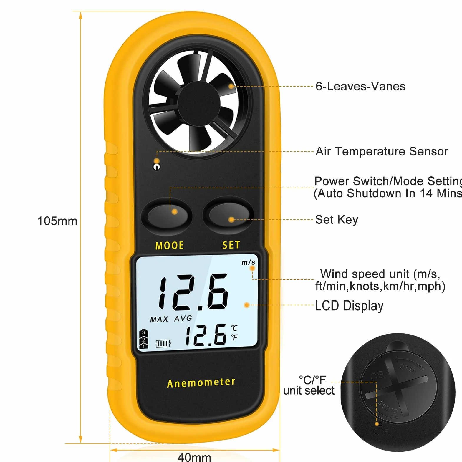 Anemómetro Portátil Digital, Medidor de Velocidad del Viento con Retroiluminación LCD, Modo MAX/Promedio/Actual