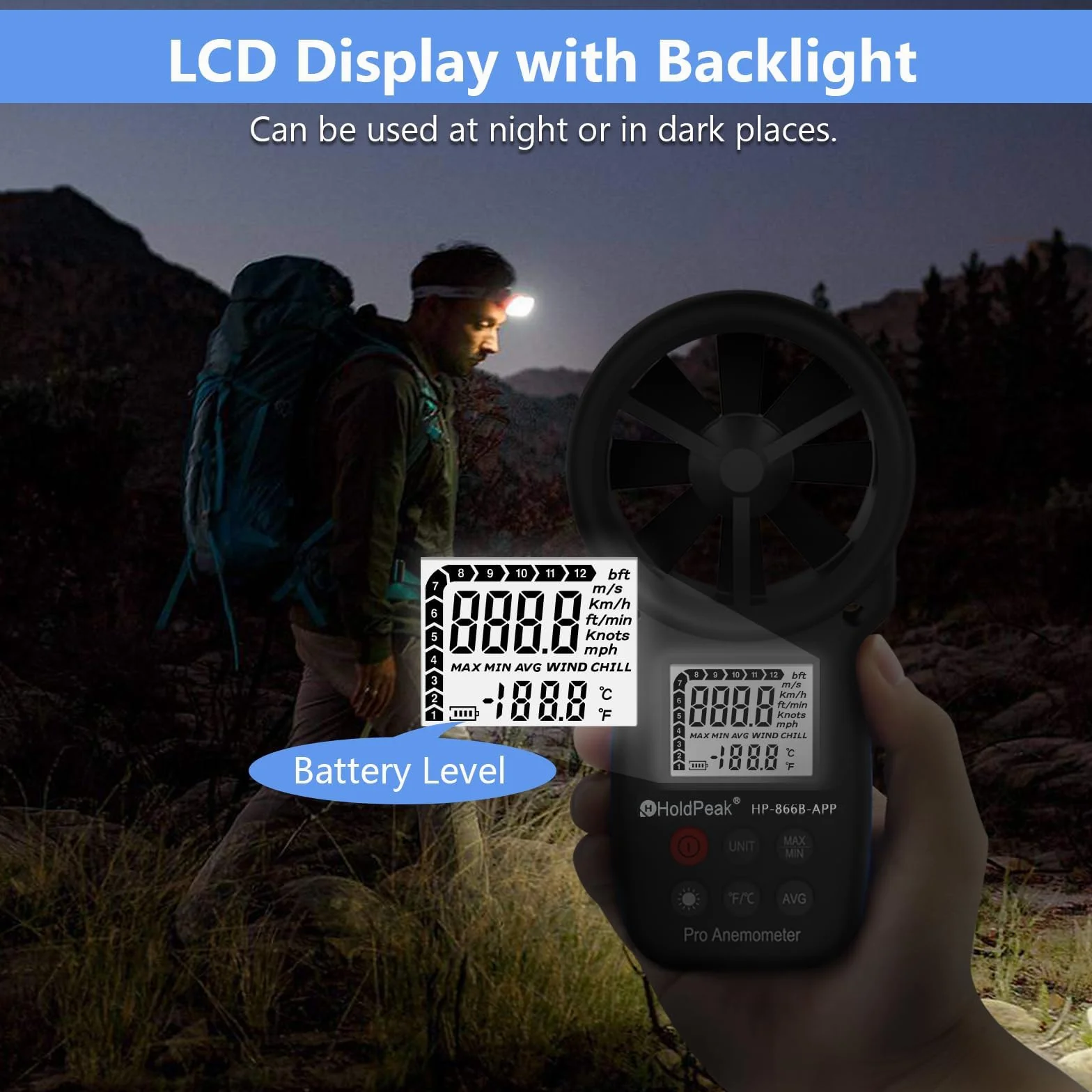 Anemómetro Digital HoldPeak 866B-APP Medidor de Velocidad Viento Bluetooth Inalámbrico Temperatura