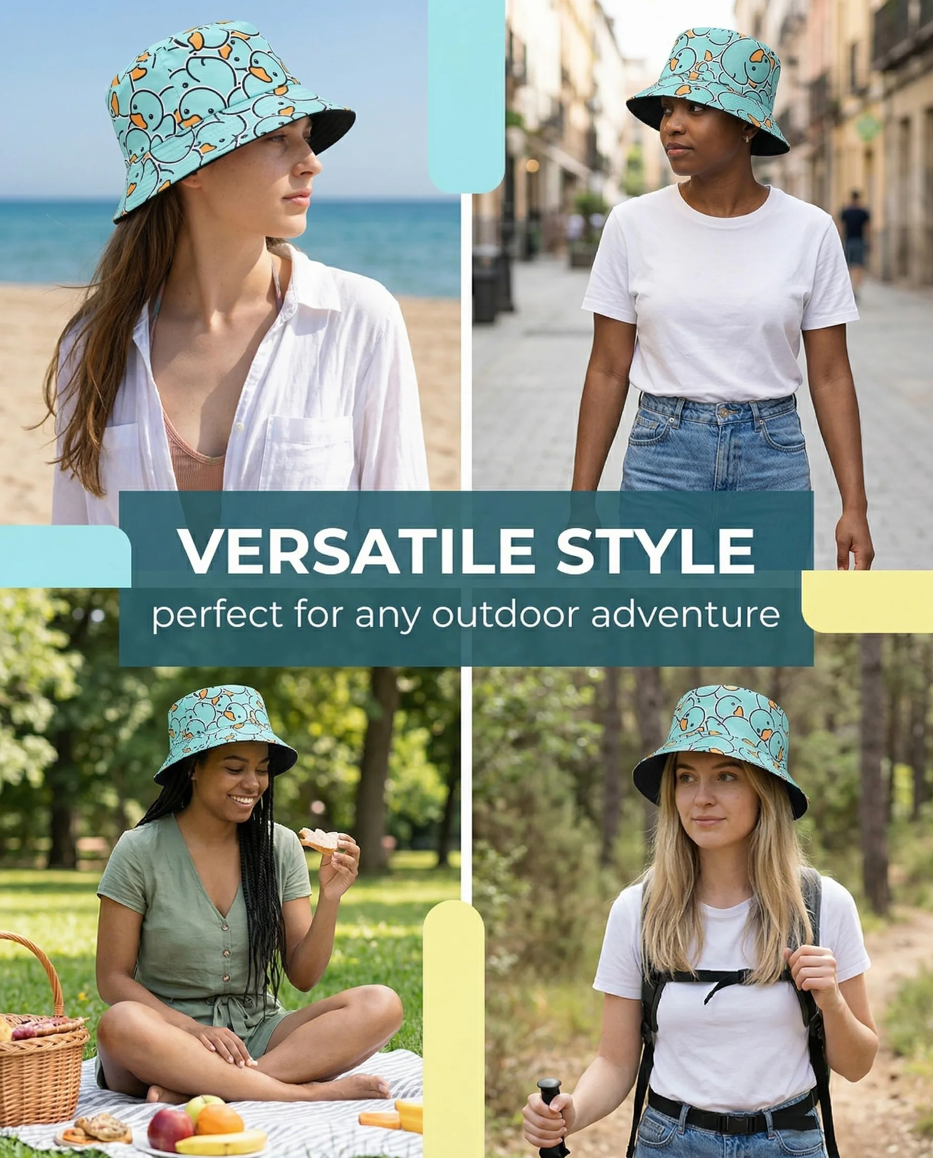 Sombrero Divertido para el Sol de Verano, Gorro de Pescador Reversible con Ala Ancha, Diseño de Pato Amarillo para Niños y Adultos, Unisex (Amarillo)
