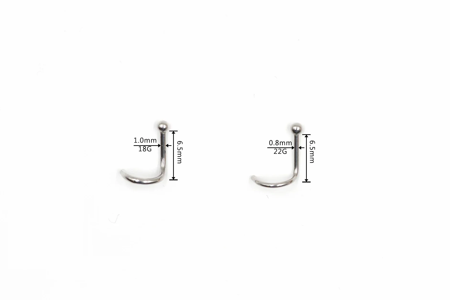 WARRIOR Perforación de nariz Perno de nariz Perno de nariz curvo con bola estéril de acero quirúrgico 316L 18G (1,0 mm) / 22G (0,8 mm) Longitud 6,5 mm PBS-001