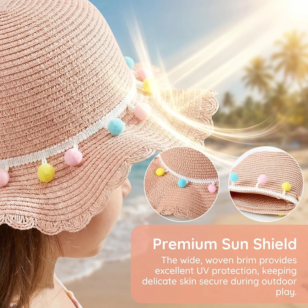 Sombrero de Paja Niñas, Gorra de Sol Chica y Bolsa de Paja Set Gorro de Playa Gafas de Sols Playa de Verano Sombrero Mini Bolsa Cruzada de Pajas Sombreros para Beach Viaje Piscina(Rosa)