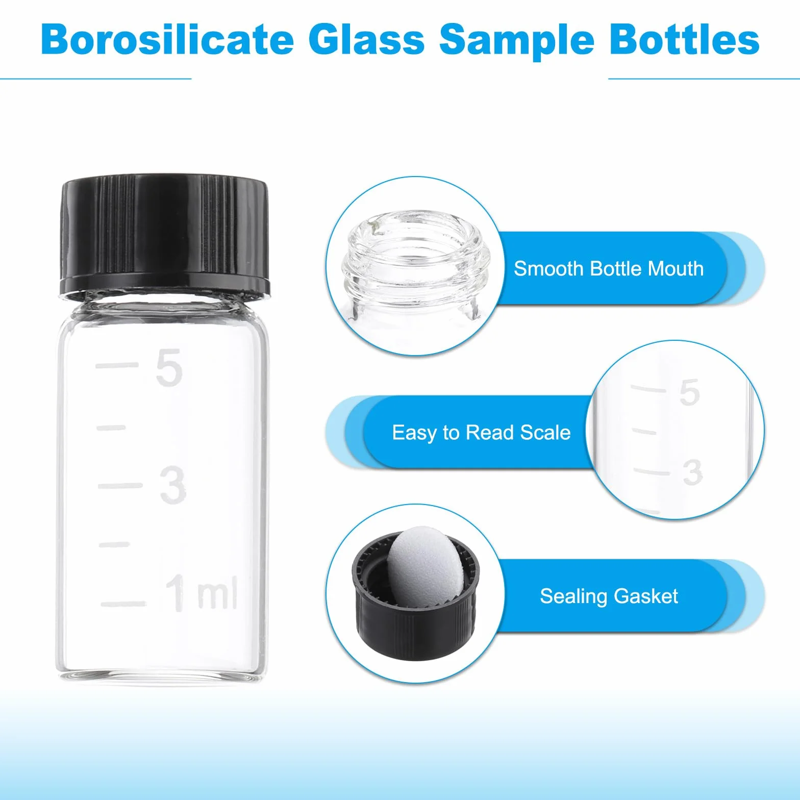 PATIKIL 6Pcs 5ml Viales de Vidrio Transparente con Tapa de Rosca Negra, Botellas de Muestra Graduadas de Vidrio Borosilicato