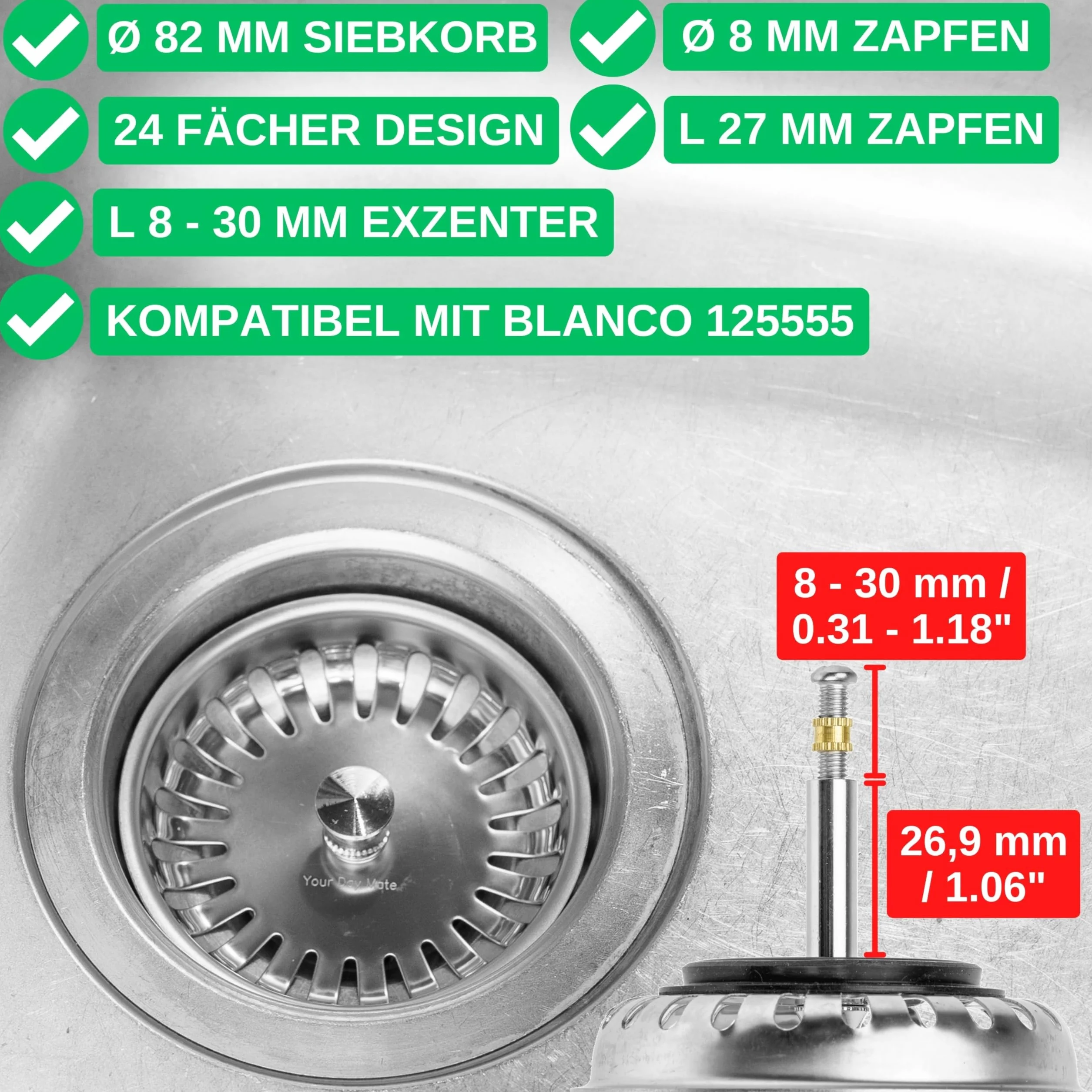 Cesto Colador para Fregadero de Cocina Ø 82 mm Recambio 125555 Compatible 3,5" Blanco 24 Ranuras