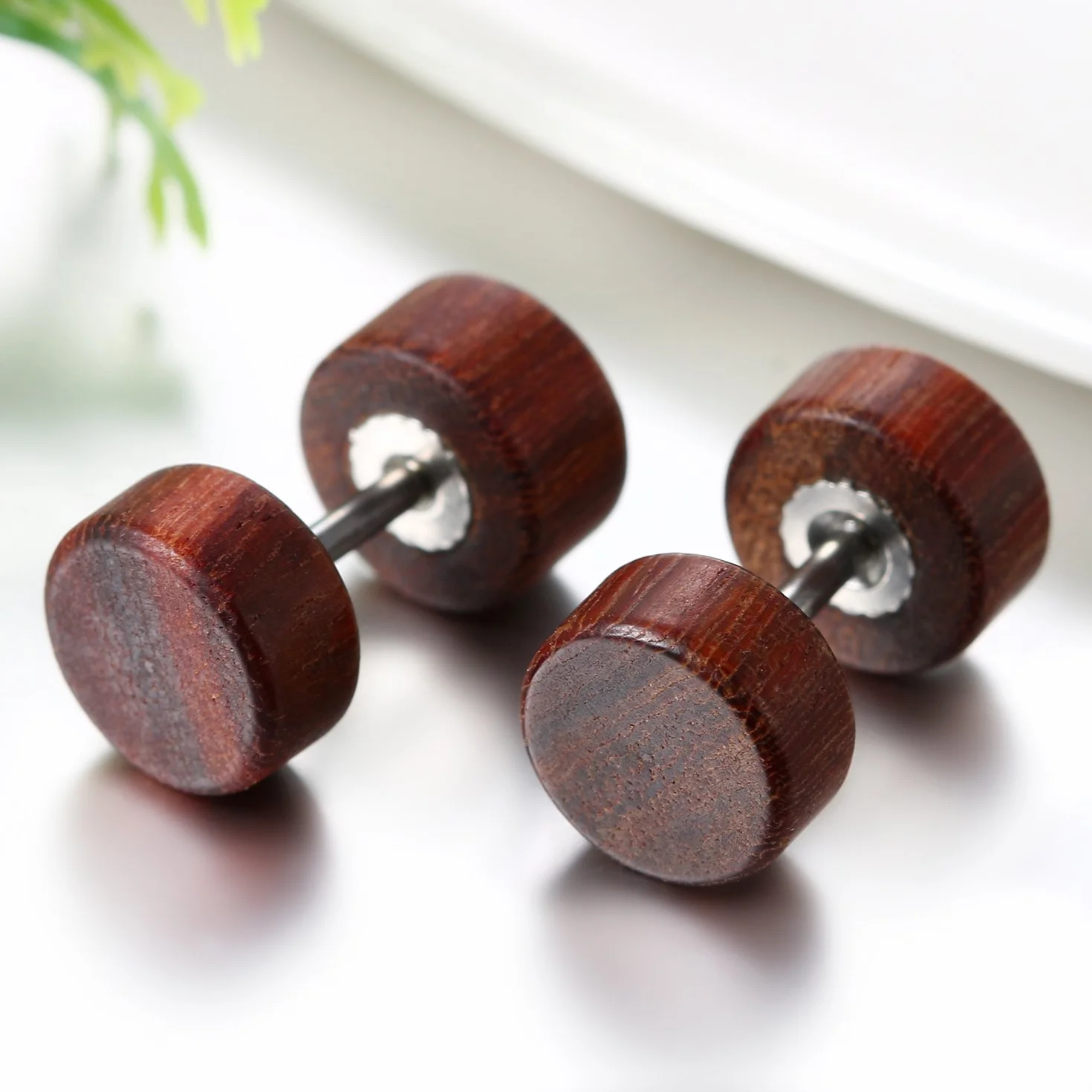 JewelryWe 1 Par Pendientes Madera Acero Inoxidable Pendientes Studs Pequeños de Hombre Mujer Unisex, Marrón Aretes Redondos de Tapones Pendientes 8-10mm